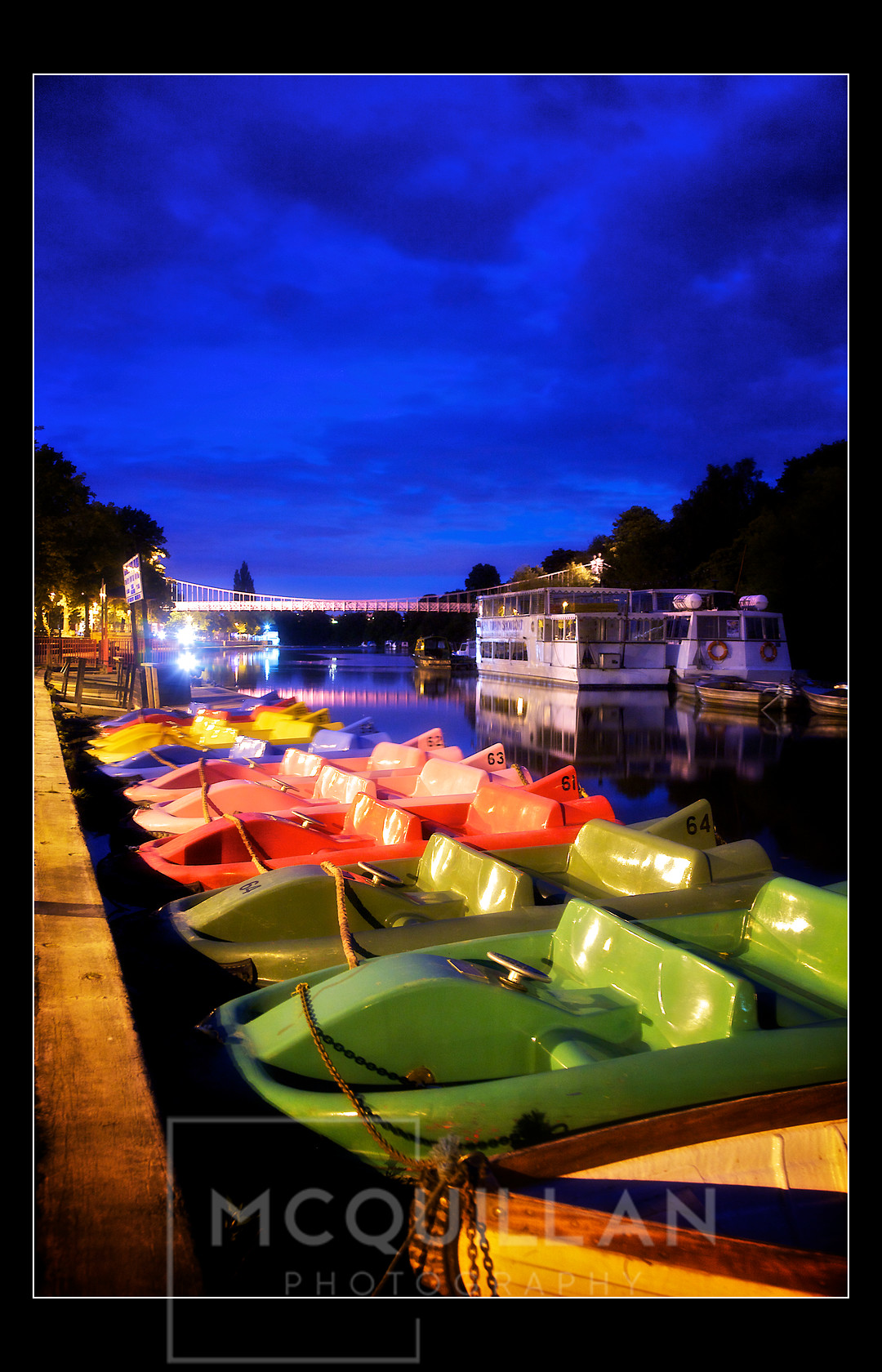 Chester Riverside at Night 7 
 Canon 5d ,Lseries Lenses 
 Keywords: Bridge, Colour, Night, Suspension Bridge, Boats