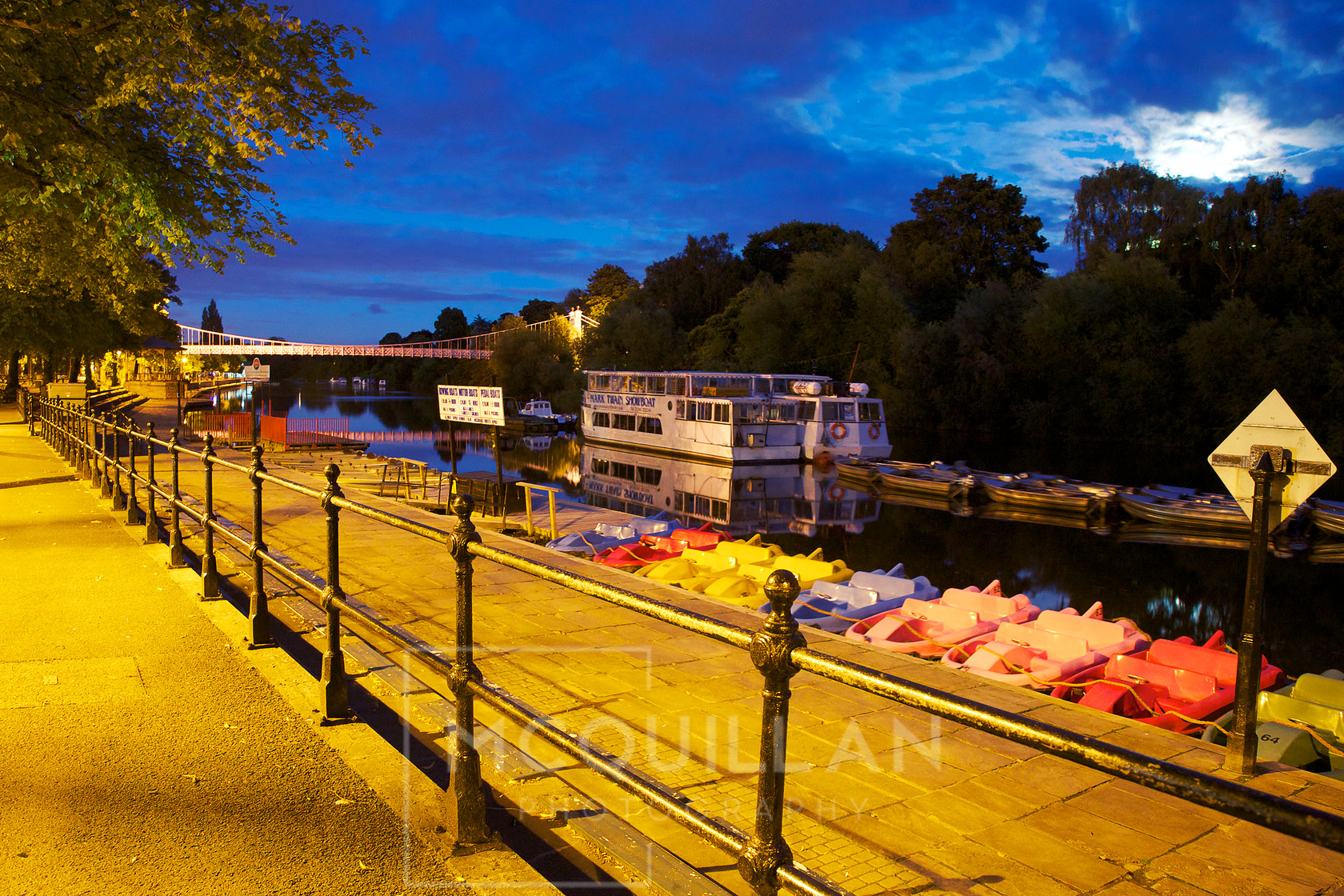 Chester Riverside at Night 1 
 Canon 5d, L series Lense 
 Keywords: Suspension Bridge, Bridge, Colour, Boats, Night