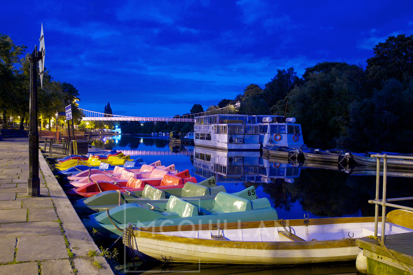 Chester Riverside at Night 5 
 Canon 5d ,Lseries Lenses 
 Keywords: Boats, Colour, Bridge, Suspension Bridge, Night